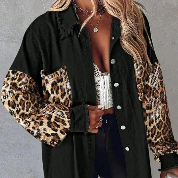 Black Casual Women's Leopard Print & Sequin Patchwork Long Sleeve Loose Jacket - Picture 1 of 4